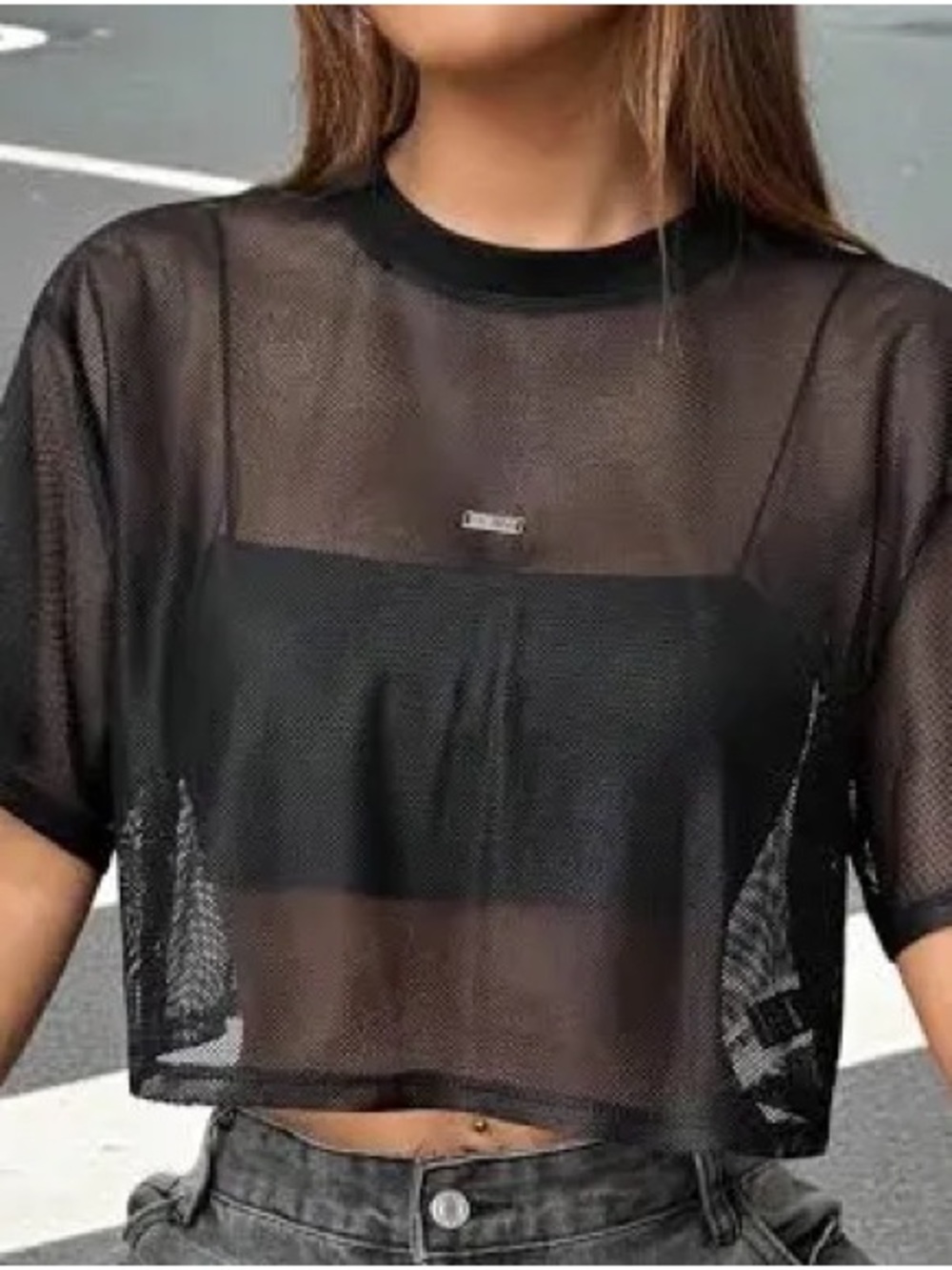 Missguided Black Sheer Mesh Crop Tee